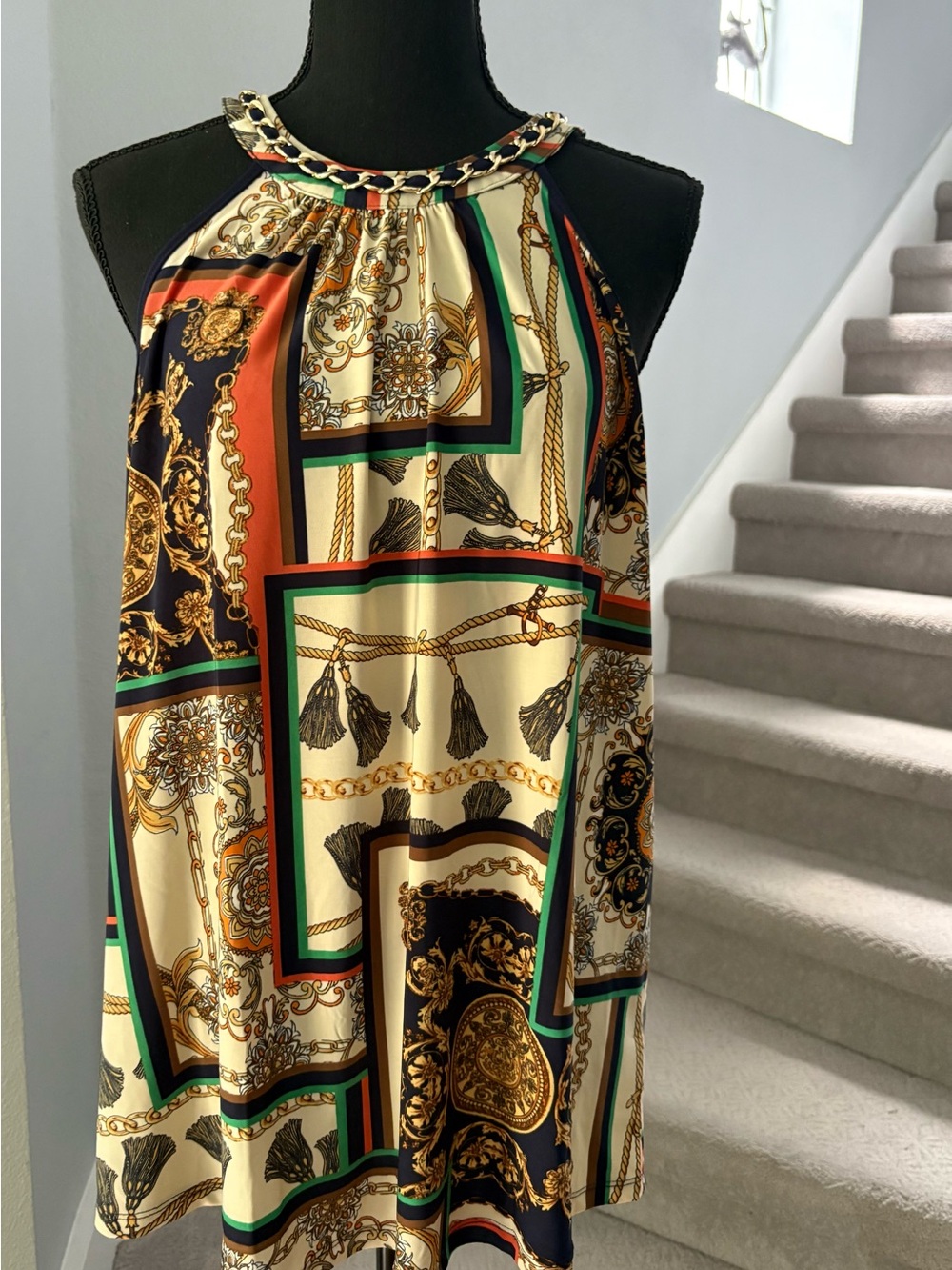 Lavish Cream Black & Green Scarf-Print Sleeveless Top